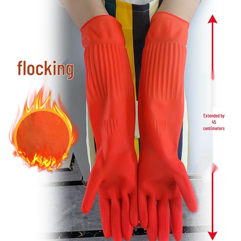 Extra Long Fleece-Lined Latex Dishwashing Gloves - Durable, Thickened Rubber for Household Cleaning