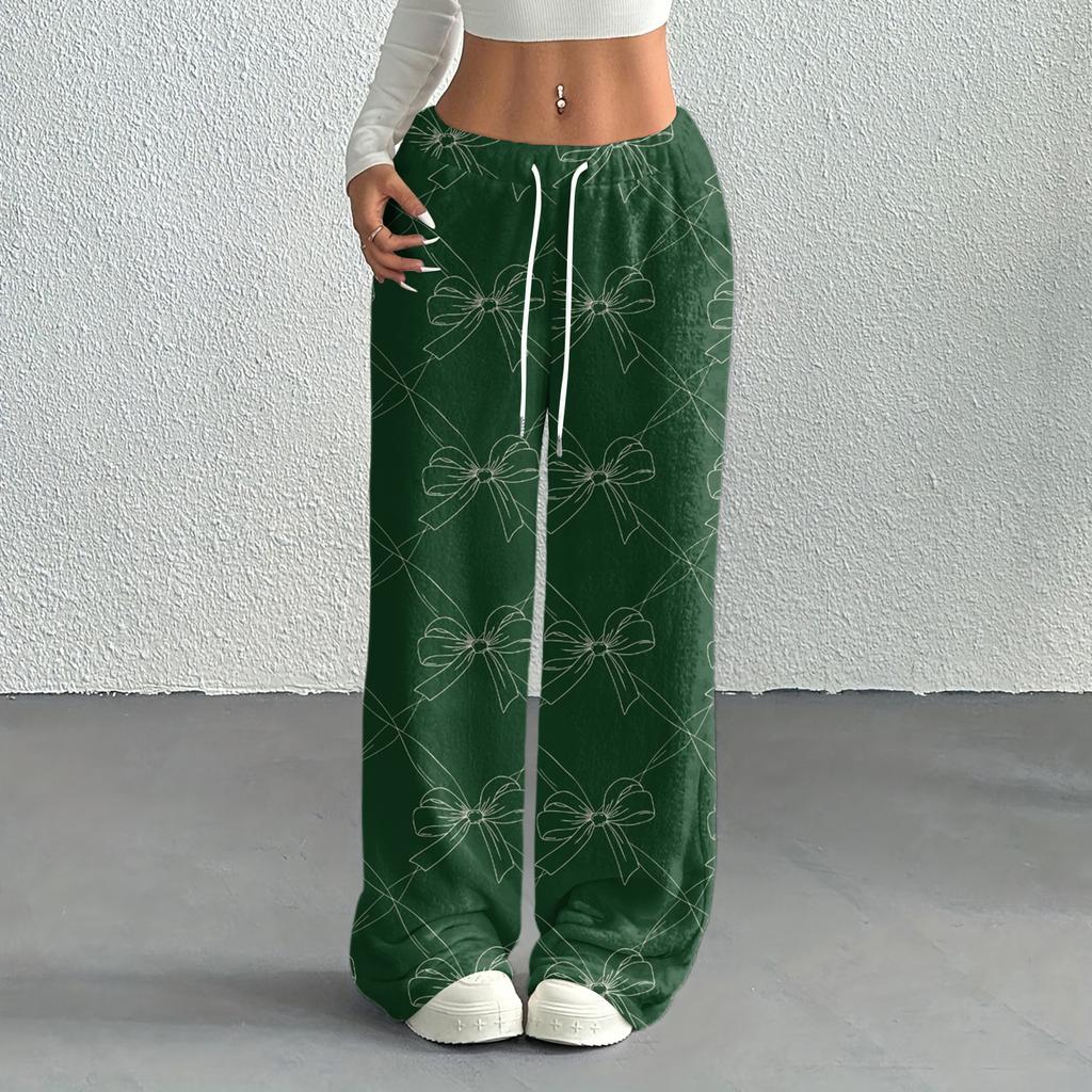 Women's Casual Fashion Printed Elastic Waist Loose Straight Leg Pants With Rope