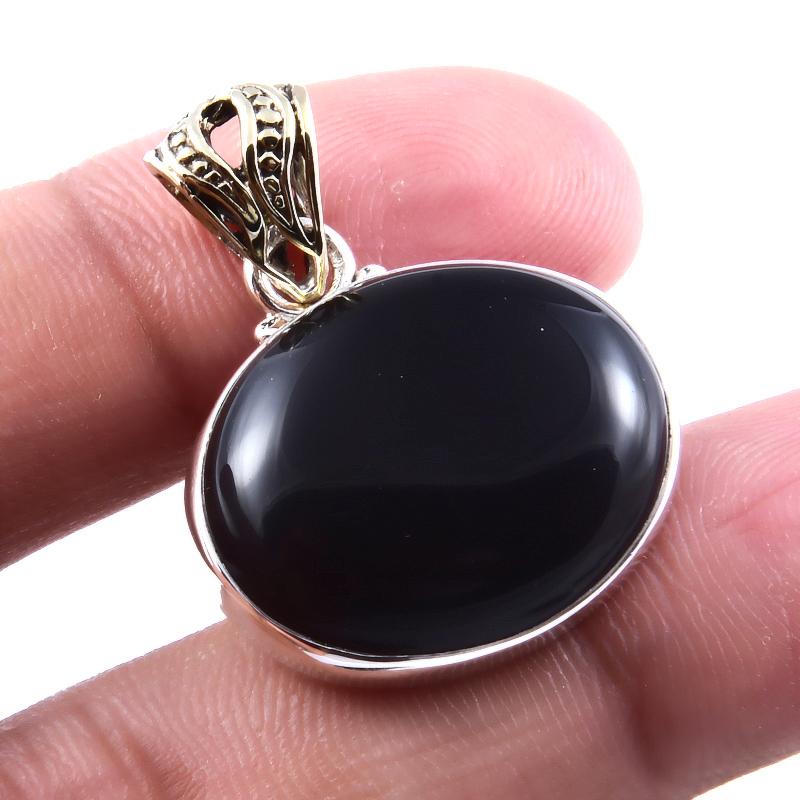 Naturlig svart onyx edelsten 925 solid sterlingsølv smykkeanheng 1,3'' W3i89