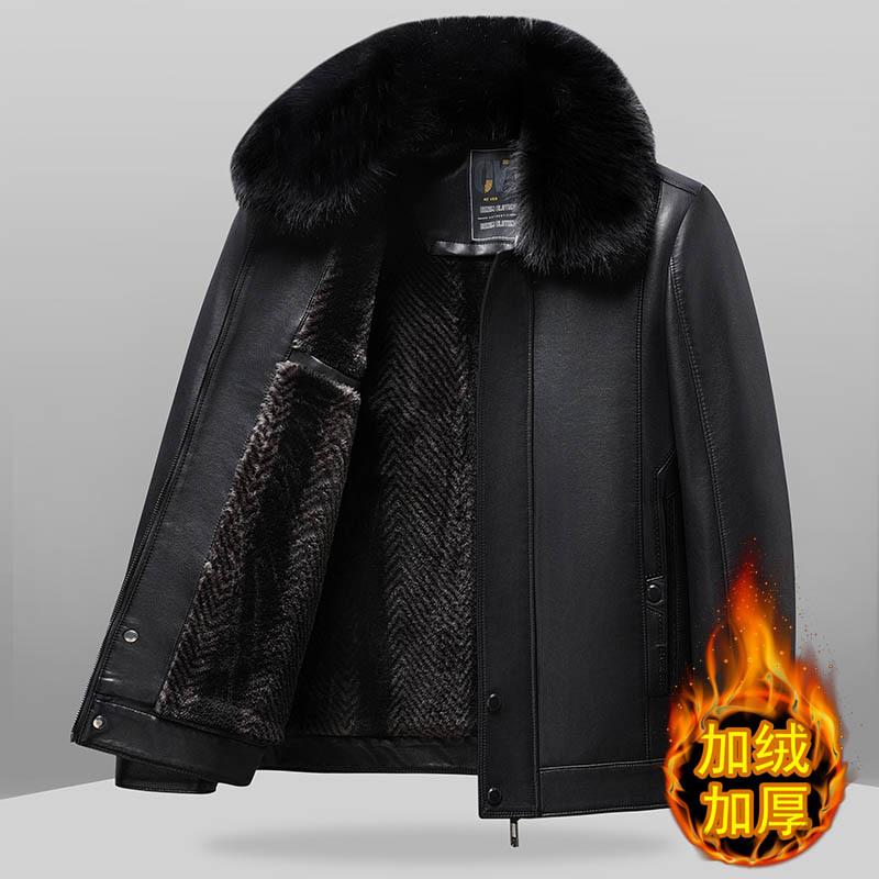 

Fleece and thicker winter dad leather jacket middle grandfather leather jacket fur collar dad men s coat to keep warm 170/M (weight 90-50kg)