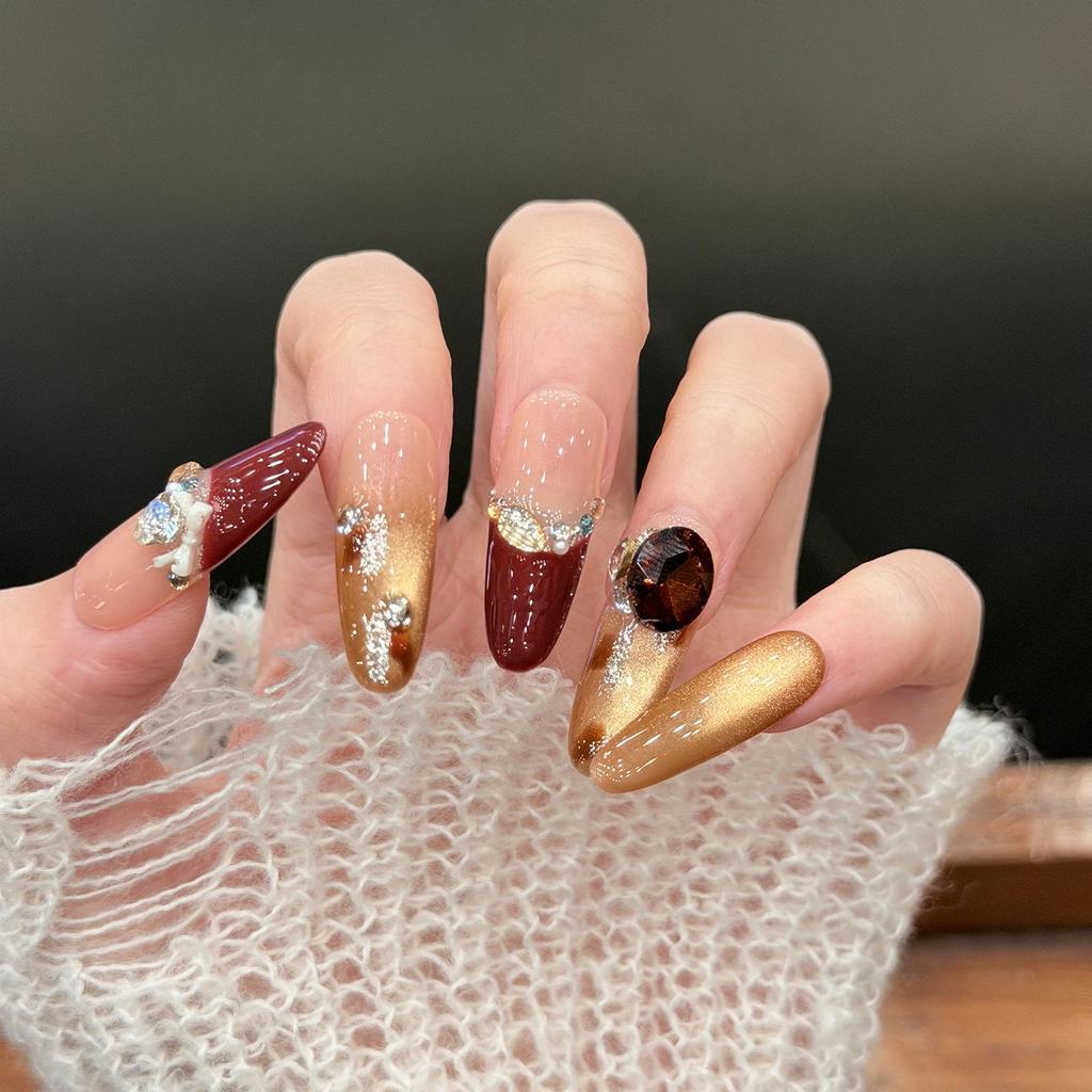 Cat Eye Amber Leopard French Handmade Sparkle Nails