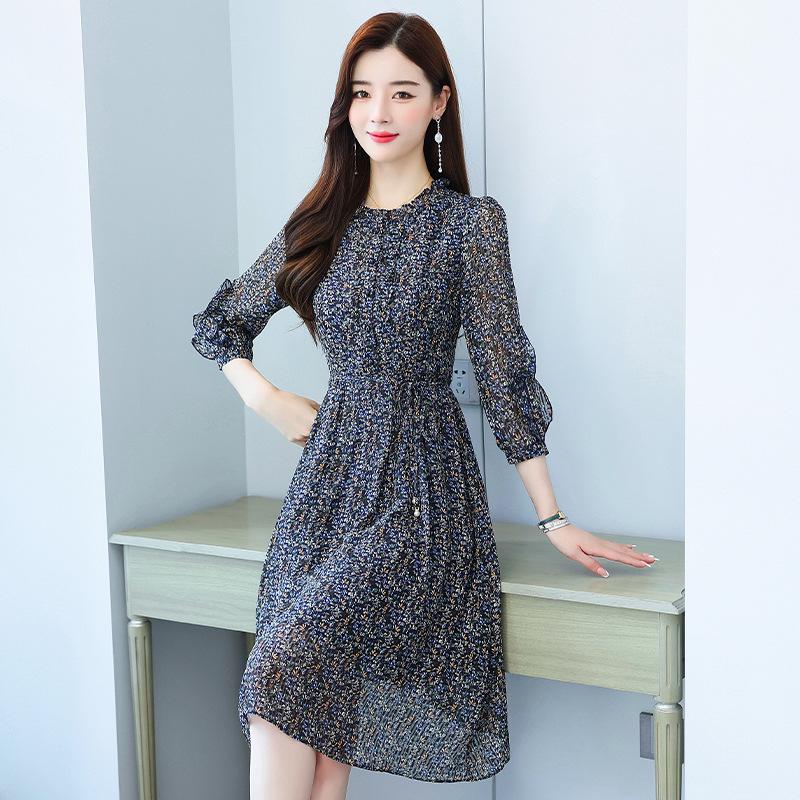 New Autumn Slim Floral Chiffon Dress for Women - Fashionable & Elegant Mid-Length Style