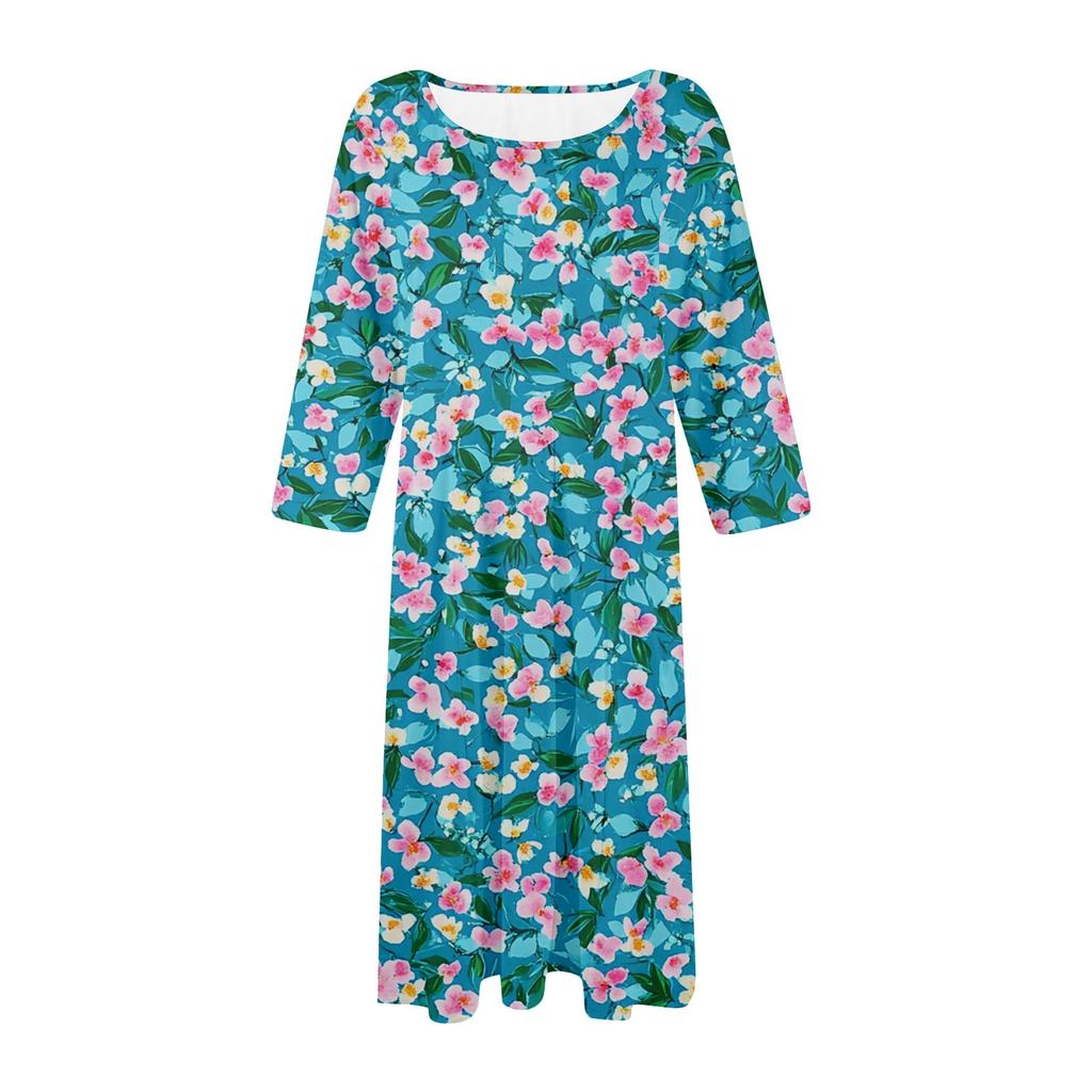 Lockeres, lässiges und modisches Damenkleid mit Rundhalsausschnitt, sieben Viertelärmeln und Print in mittlerer Länge