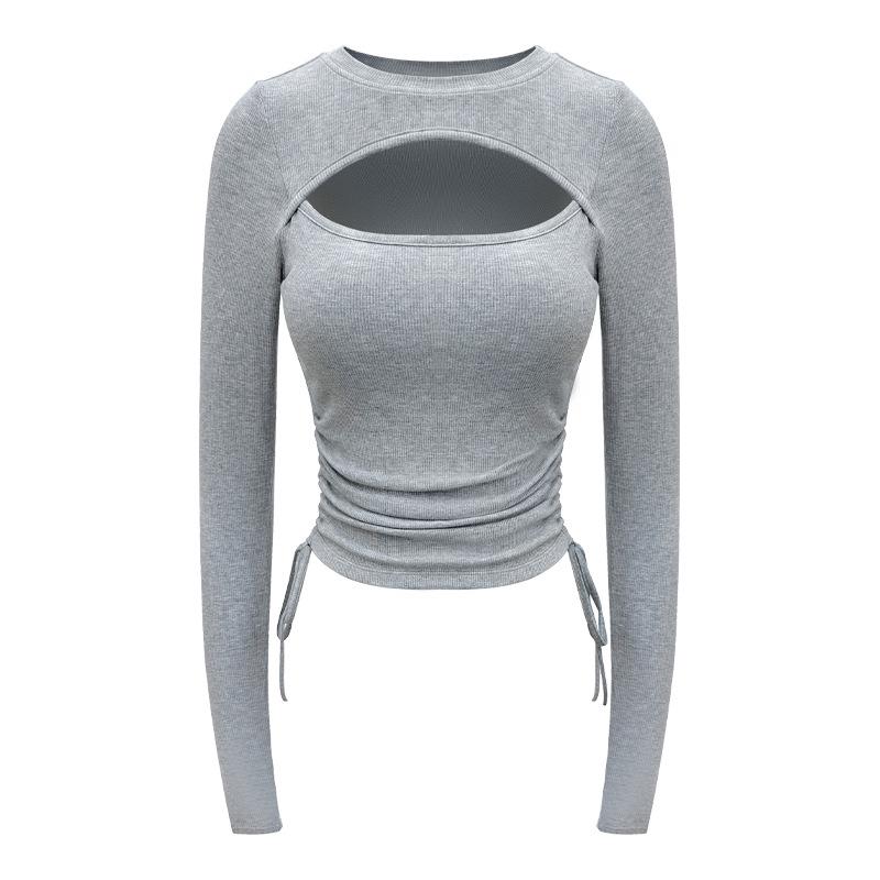 

Летний женский топ для йоги с нагрудными подушечками – с длинным рукавом, с вырезами для занятий спортом на открытом воздухе и фитнесом пилатес L