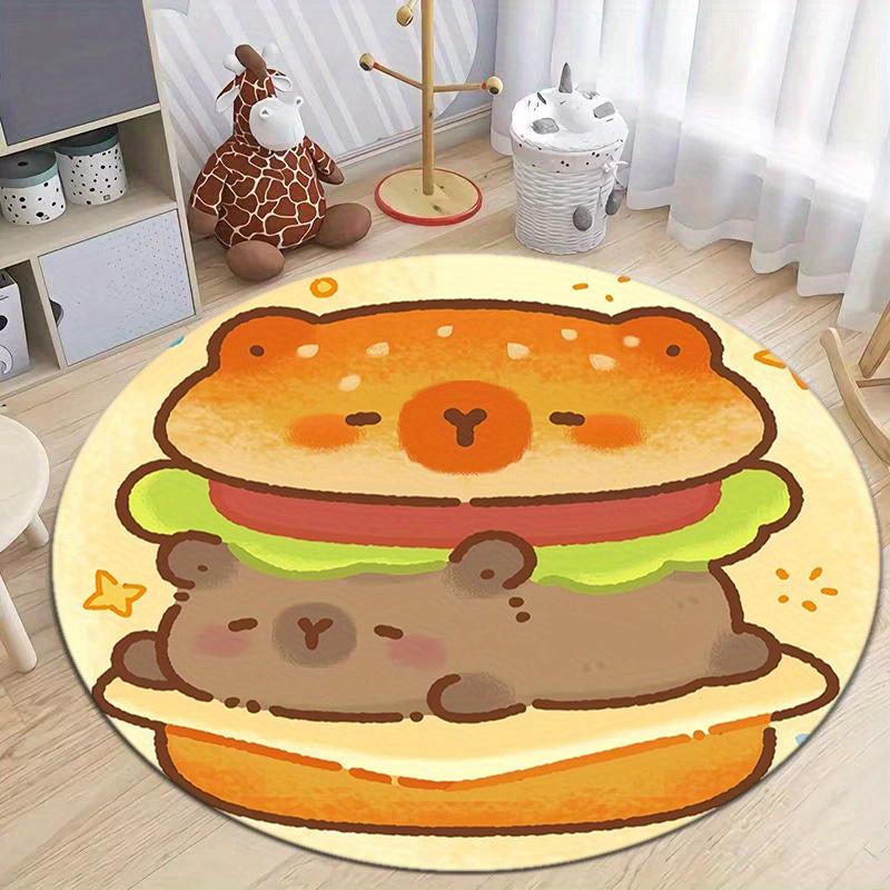 Soft Pastel Cartoon Animal Burger Printed Round Carpet, Kawaii Style Anti-slip Rug for Entryway Nursery Baby Bedroom Floor