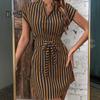 Women Summer Mini Dress V-neck Sleeveless Waist Tight Ties Short Dress Vertical Striped Print Office Vacation Dress