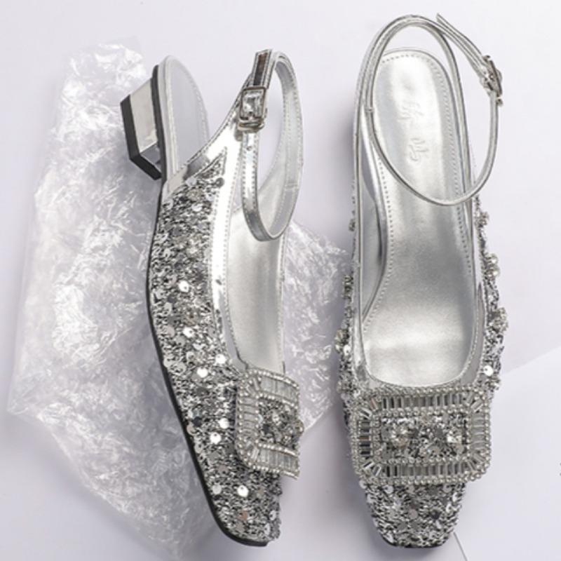 Modă Tocuri Joase Sandale de Damă cu Vârf Pătrat Gură Adâncă Pânză cu Sclipici Cataramă cu Sclipici Talpă Moale Antiderapante Rezistente la Uzură