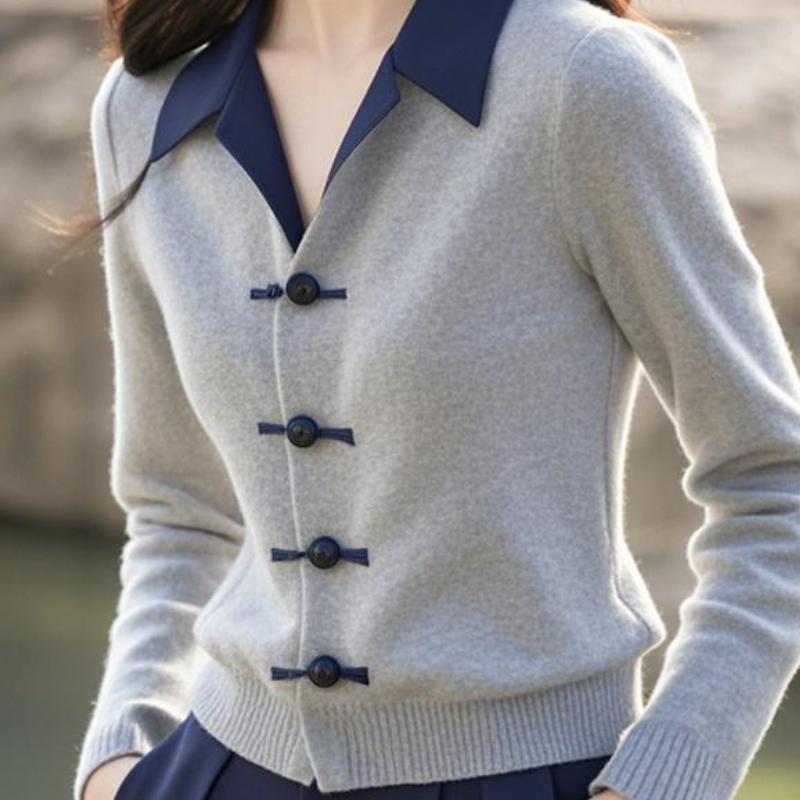 Chinese Style Grey Polo Collar Knit Top Autumn Winter Lapel Shirt