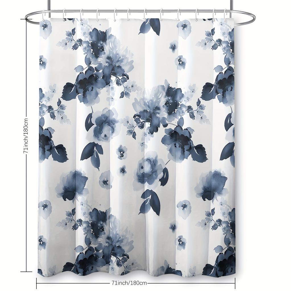 1 Piece Waterproof Floral Shower Curtain Set With Hooks - Machine Washable Polyester Fabric For Bathroom Decoration