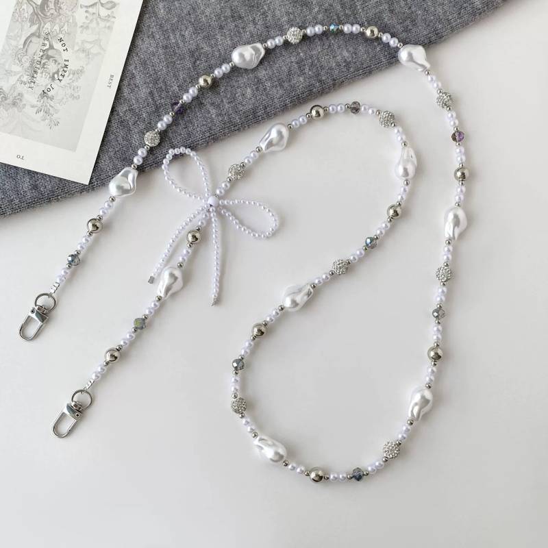 Silver Pearl Bow Diamond Ball Phone Lanyard With Pvc Strap For Women And Men