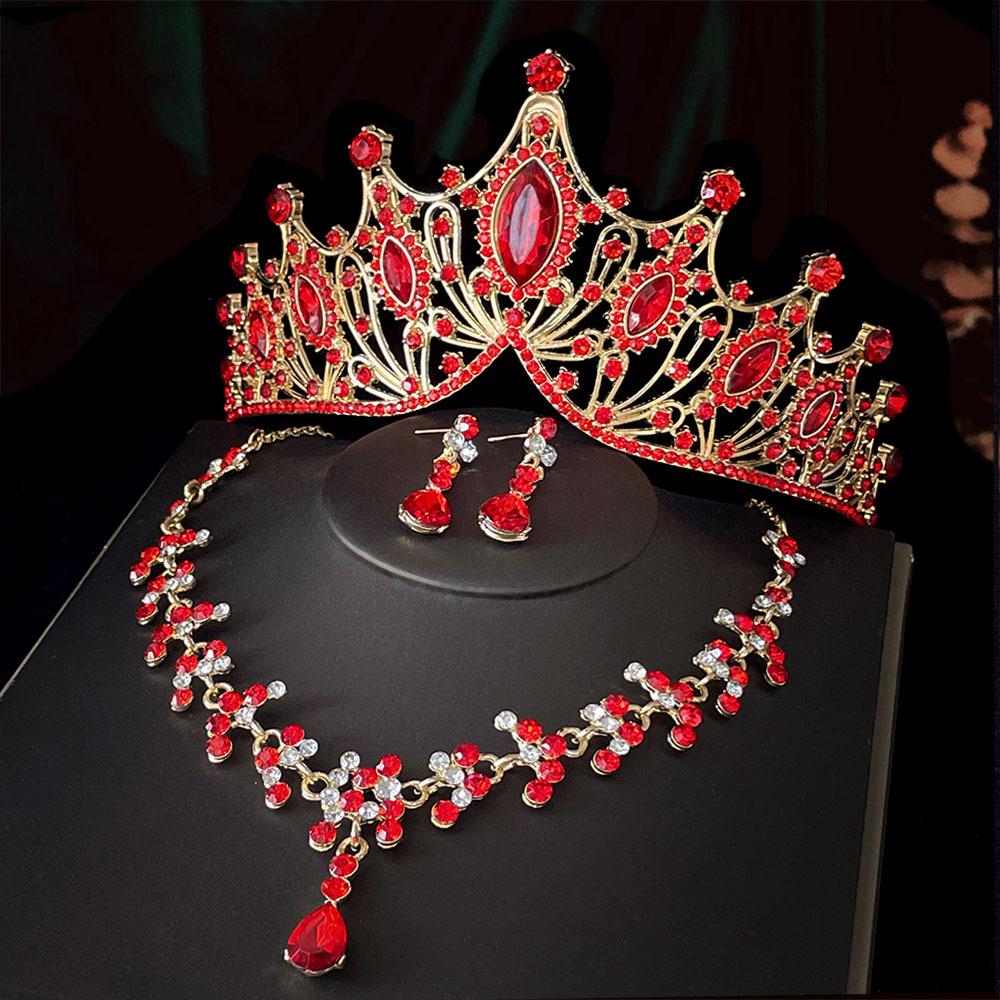 

New All-gold Red Bridal Crown Necklace Earrings Three-piece Set Combination Wedding Accessories Hair Accessories