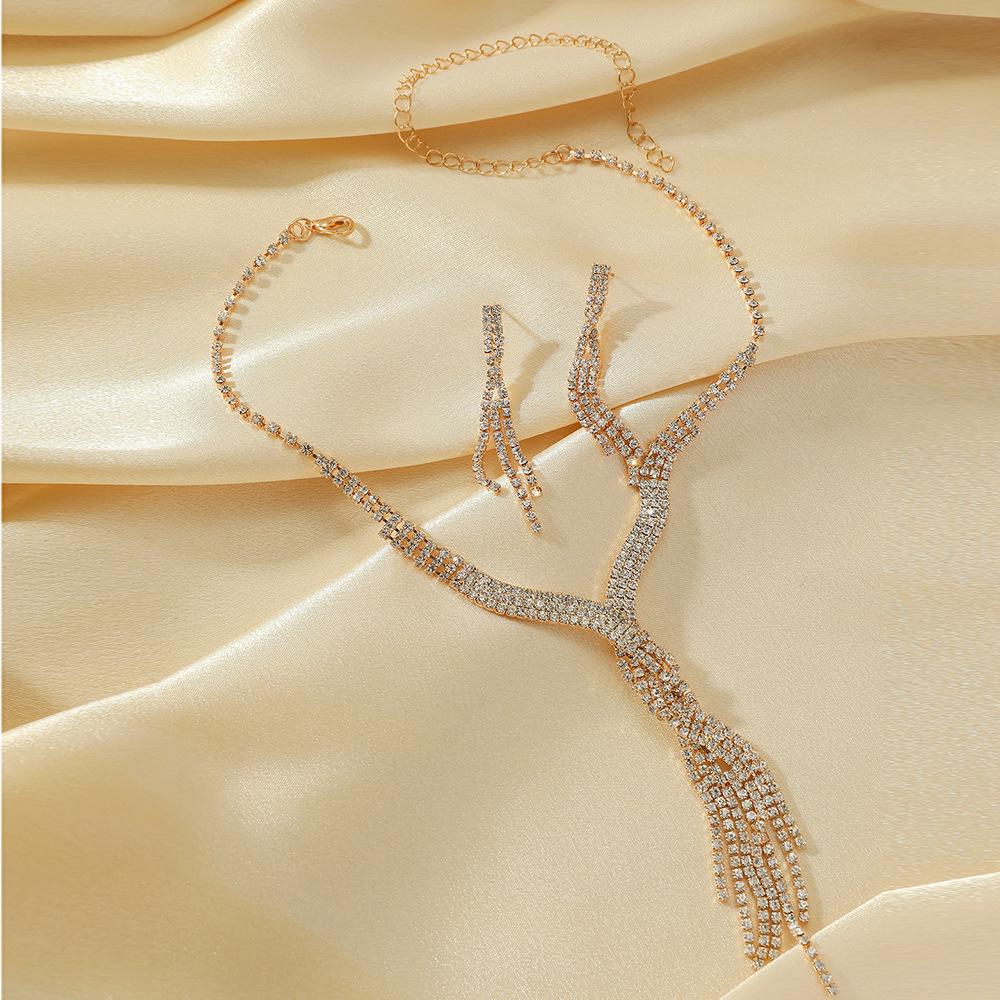 European Style Wedding Evening Tassel Necklace & Rhinestone Earrings Set