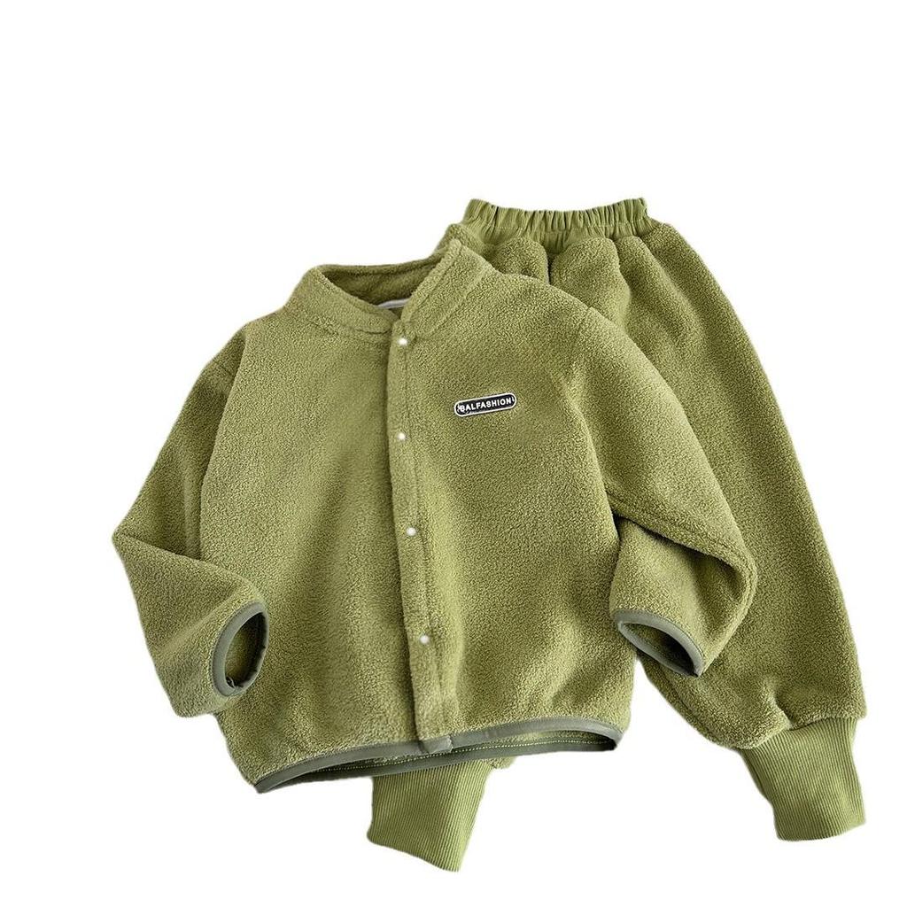 Korean Style Kids' Two-Piece Set: Stand-up Collar Fleece Sweater & Thick Pants for Fall/Winter, Unisex
