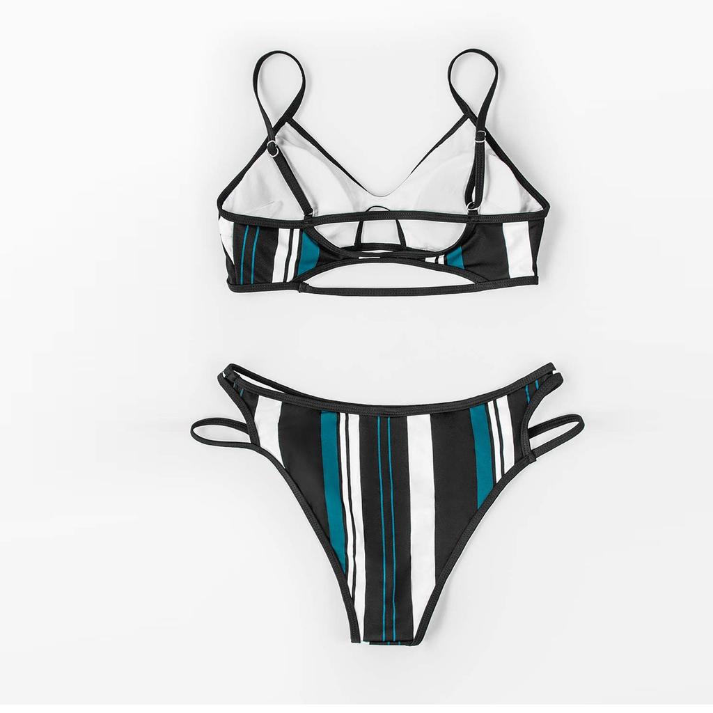 Women's Two Piece Striped Print Bikini Swimsuit Adjustable Straps V Neck Cut Out Design Bottoms Swimwear Set