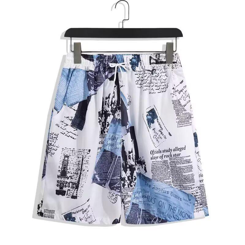 Men's Summer Japanese Trend Newspaper Print Shirt & Floral Beach Shorts Set