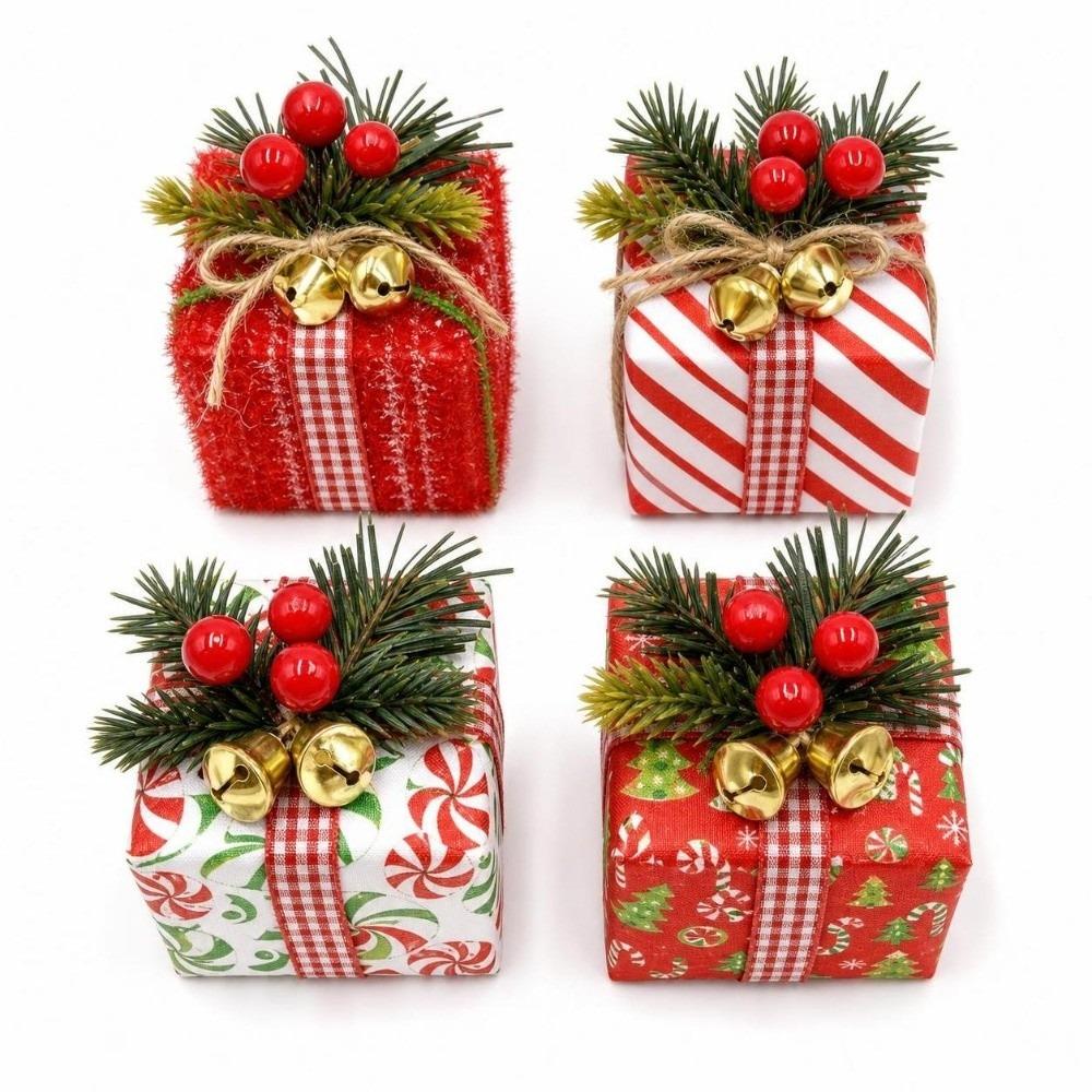Mini Christmas Gift Box Ornament Artificial Plaid Xmas Tree Ornament Jingle Bell Christmas Decoration Hanging Gift Pendant