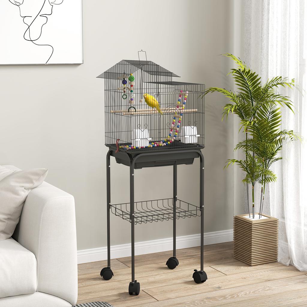 Bird Cage with Stand, Swivel Wheels, Shelf and Accessories, 46x36x120 Cm, Black