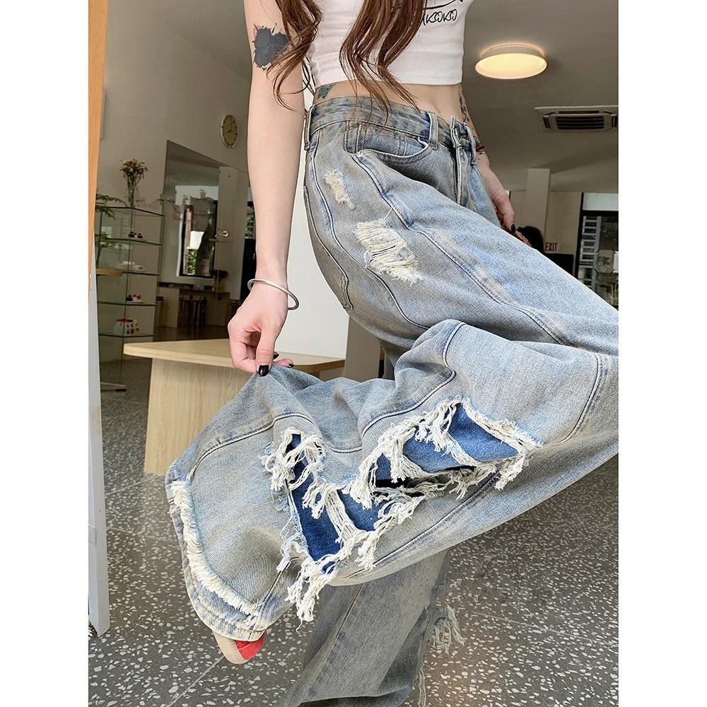 Women s Ripped Wide-Leg Floor-Length Jeans - American Retro Style Small