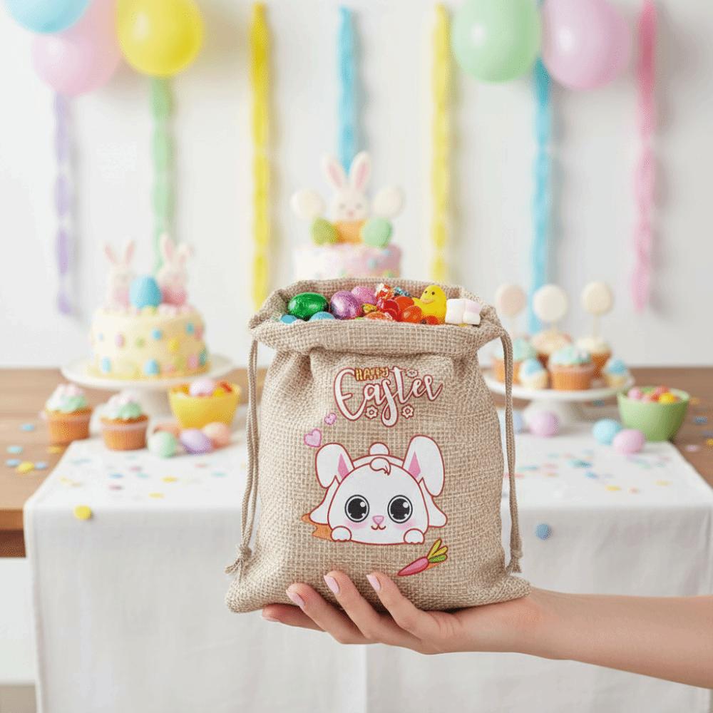 12 pieces/set Cartoon Easter Rabbit Gift Bag Vintage Reusable Rabbit Drawstring Bag Linen Easter Party Favor Holiday
