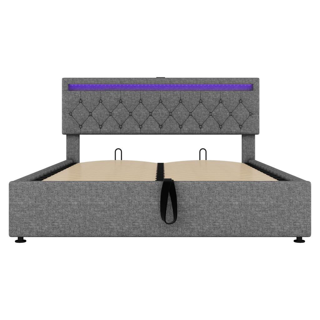 Upholstered Bed 160x200cm Hydraulic Double Bed Slat Base Headboard Outlets Ambient Lighting Storage Space Adults Teenagers Without Mattress Grey
