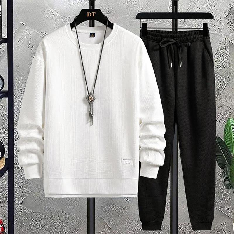 Men Waffle Summer Suit Casual T-shirt + Shorts Suit Men s Tracksuit Solid Color Tracksuit Loose Suit M