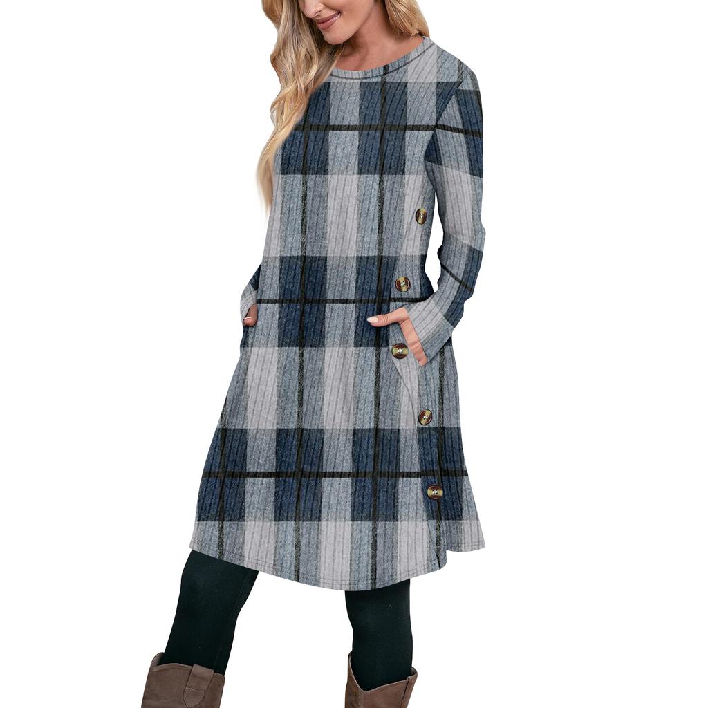 Women's Fashion Casual Long SleeveTunic Dress With Pockets Side Button Dress