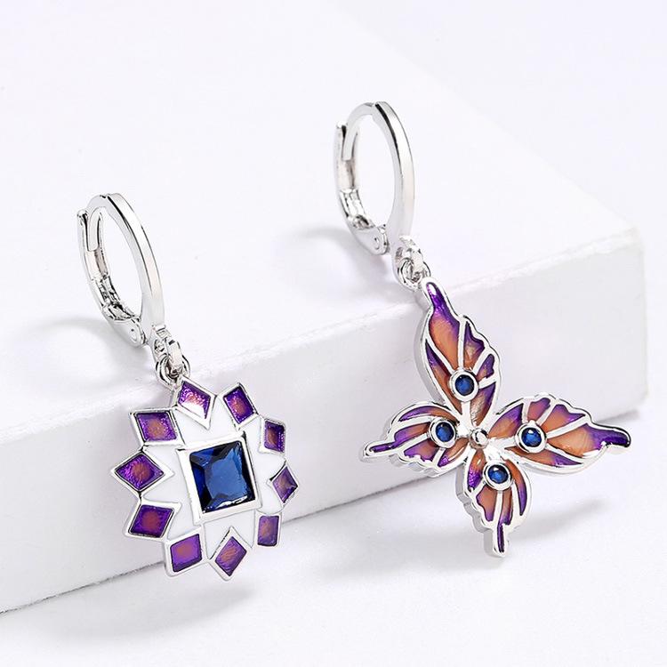 Creative Geometric Asymmetric Butterfly Lady Earrings Sapphire Flower Mosaic Enamel Earrings