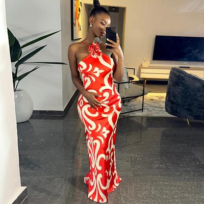 European and American Style Fashionable Women's Printed Sexy Sleeveless Hanging Neck Three-dimensional Flower Decoration Hip Hugging Dress