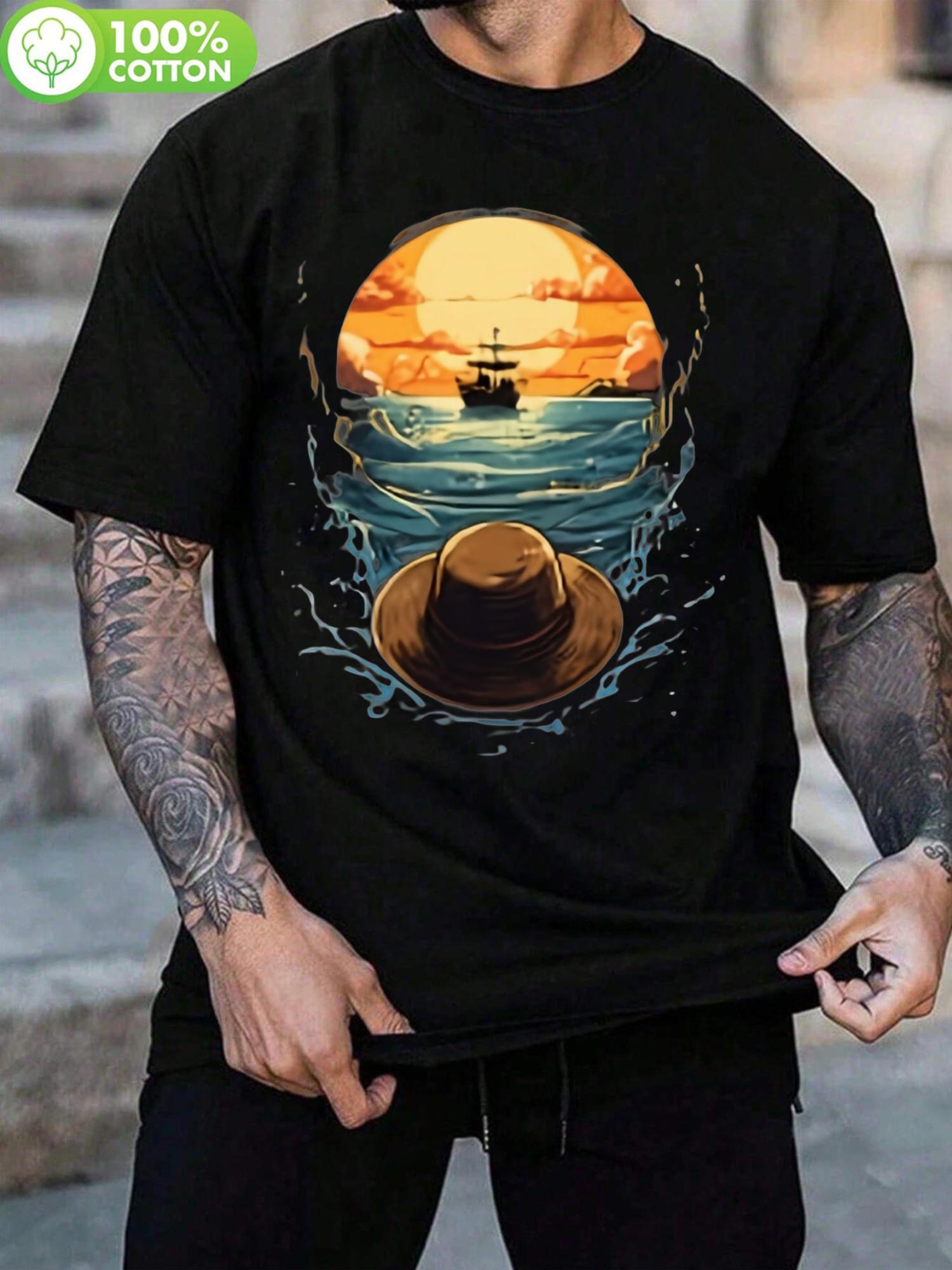 

Retro Nautical Sunset Graphic T-shirt - Cotton Crew Neck Short Sleeve Tee with Hat & Ocean Design S
