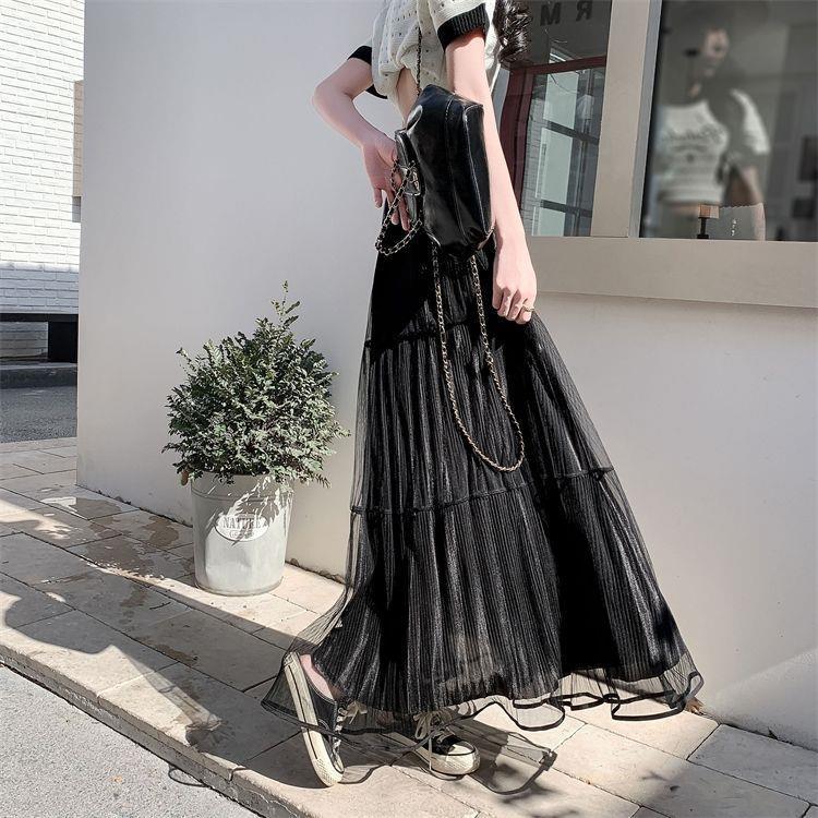 Elegant High-Waist Pleated Mesh Midi Skirt for Women - Summer Style