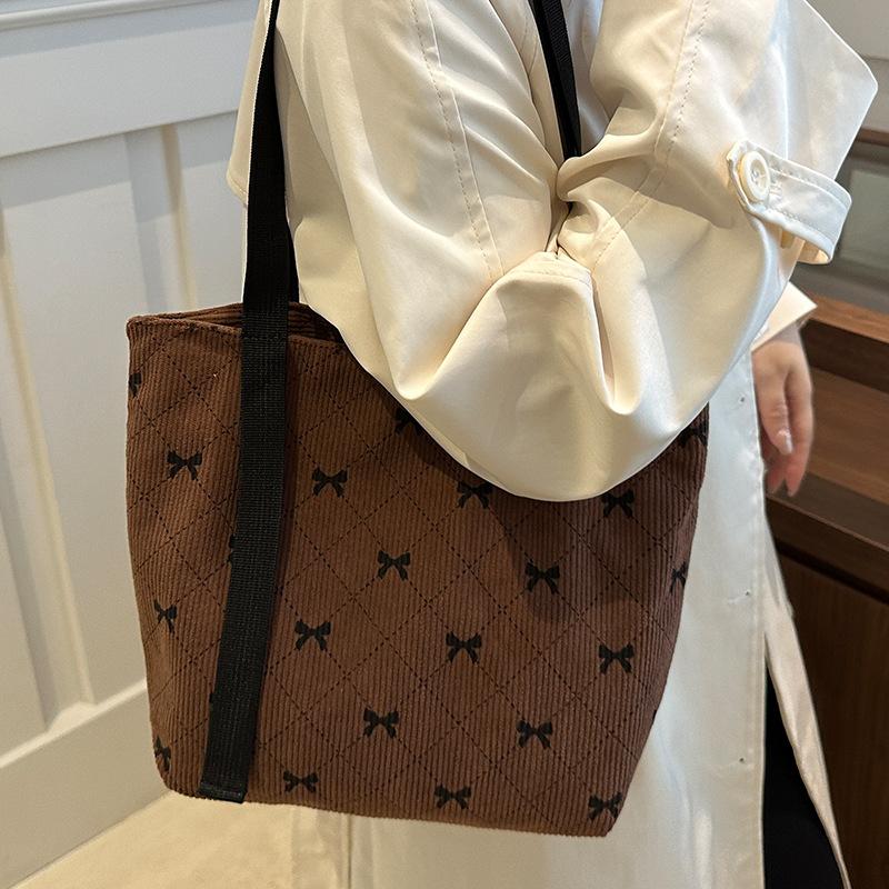 Corduroy Bow Printing Fashion Trendy Casual Foreign Style Shoulder Bag Portable Large Capacity Tote Bag