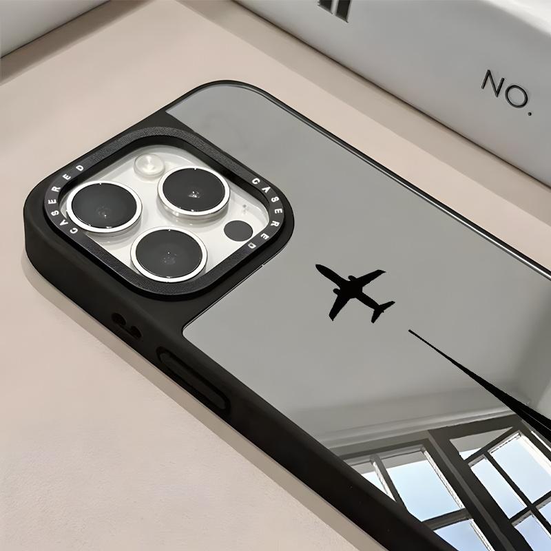 Black Airplane Pattern Mirror Phone Case Suitable for iPhone 17 16 15 14 13 12 11 Pro/Max/Plus Anti Drop and Shockproof
