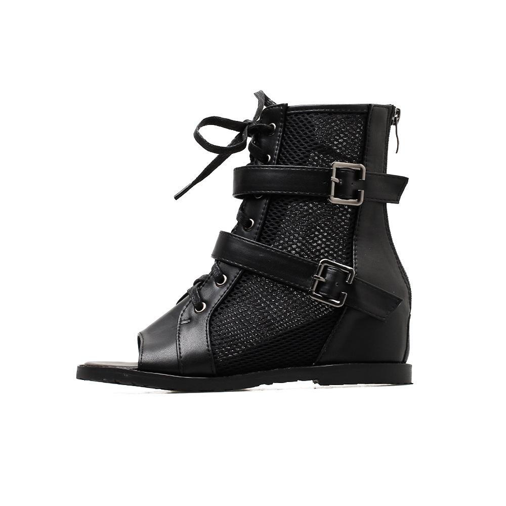 

Модные и стильные сандалии на танкетке, женские туфли с высокой голенью из ажурной сетки, на задней молнии, с открытым носком, женские римские туфли на шнуровке 40 чёрный