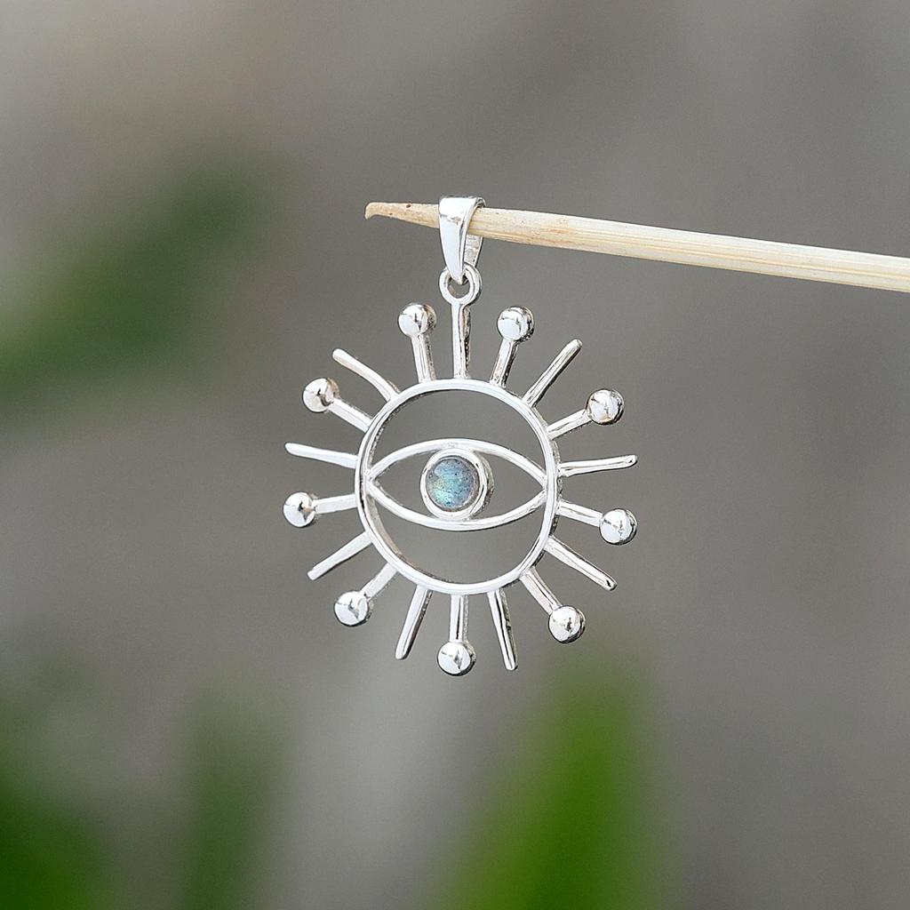 Labradorite Gemstone Evil Eye Sun Pendant 925 Sterling Silver Handmade Jewelry Unisex Pendant
