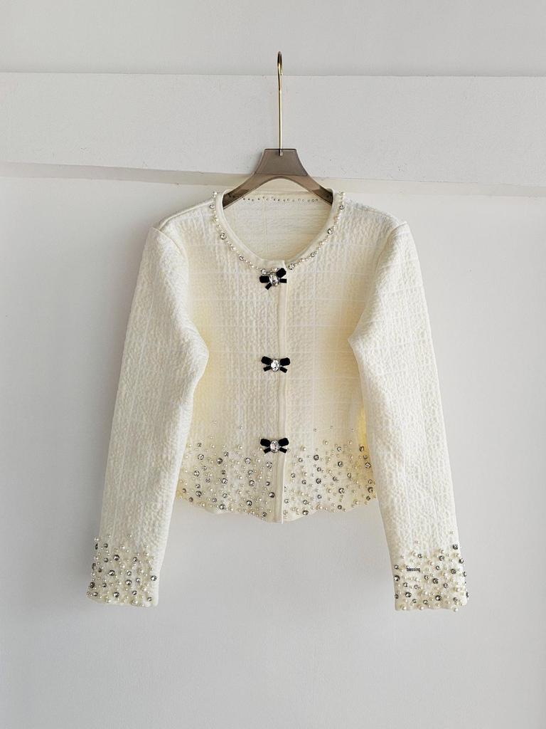 High-End French-Style White Knitted Cardigan with Bead and Rhinestone Detailing