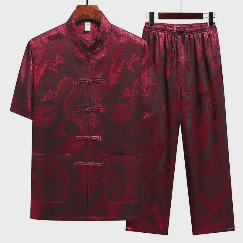 Men’s Ice Silk Tang Suit - Short-Sleeved, Loose-Fit, Chinese Style for Seniors, Ideal for Summer