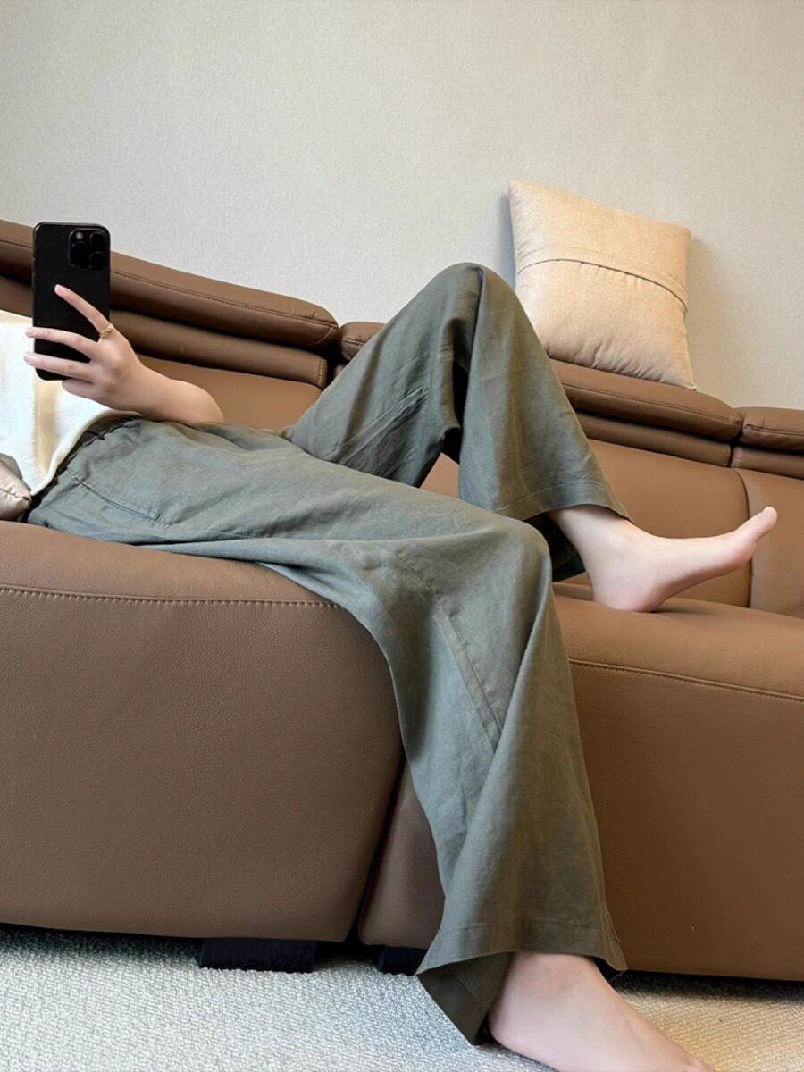 Army Green Tencel-Linen Wide-Leg Pants: Elastic Waist, Drawstring, Comfortable, Versatile, Breathable Extra Large