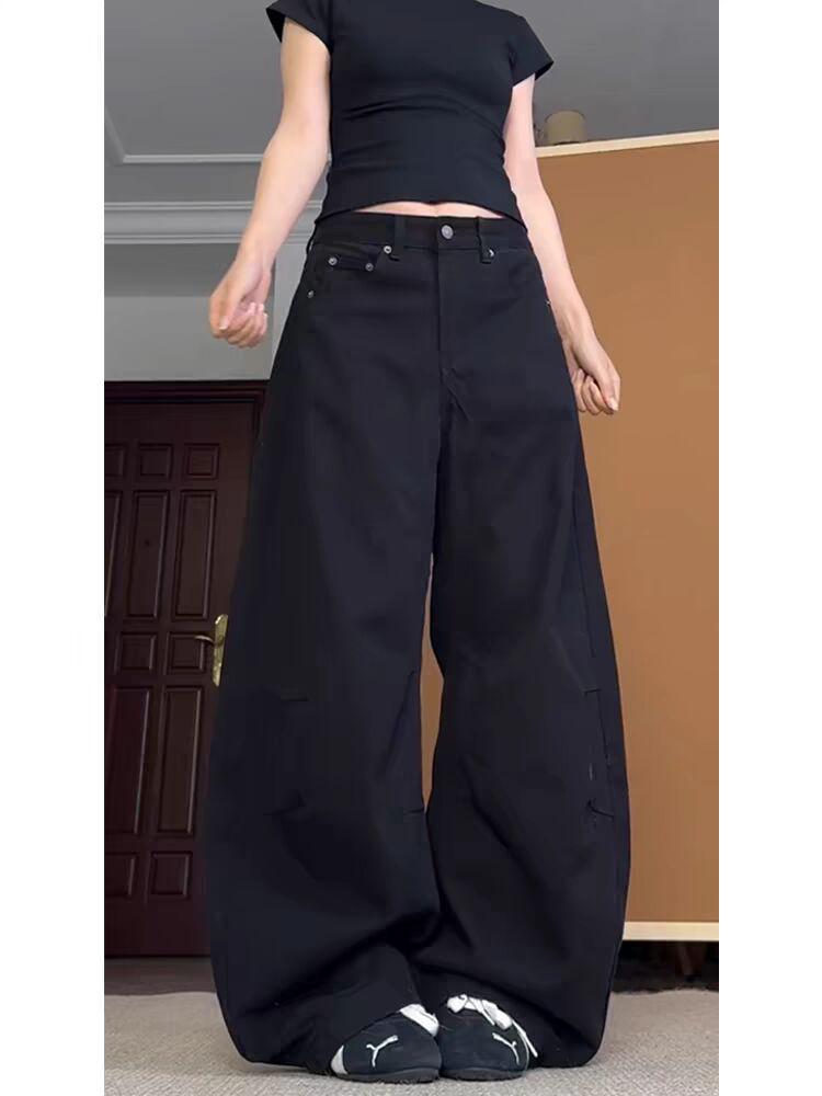 Women's American Retro Scimitar Jeans: Black, Loose Fit, Slimming, High-Street Wide Leg Pants