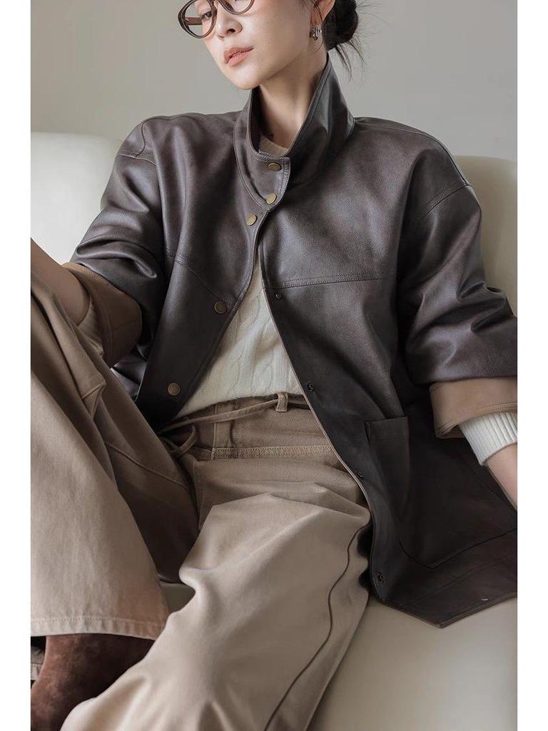 Women's Single-Breasted Reversible Leather Jacket In Coffee - Loose Fit, Casual Top for Early Spring 2025