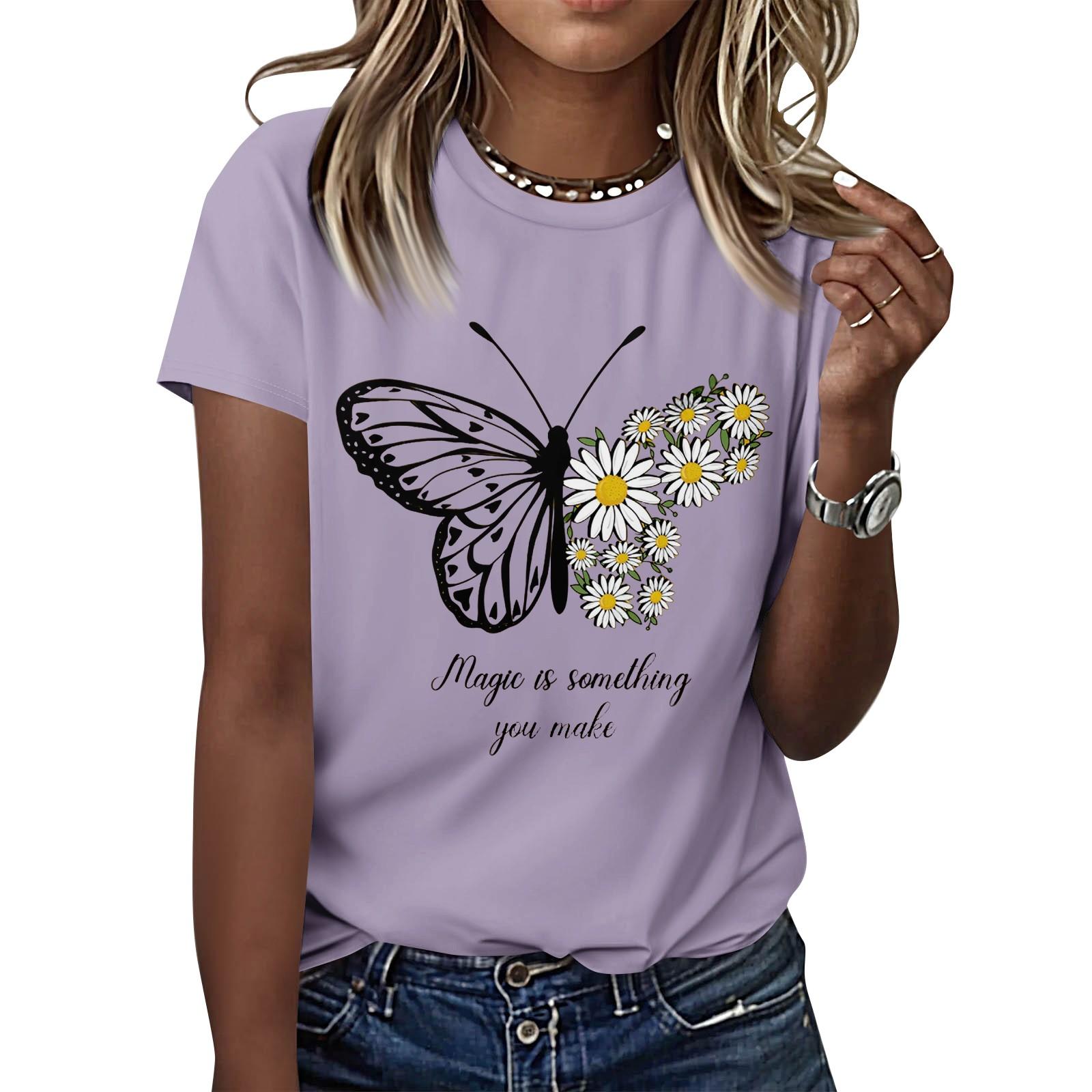 

Women s Casual Printed T-Shirt Round Neck Pullover Short Sleeve Top M фіолетовий