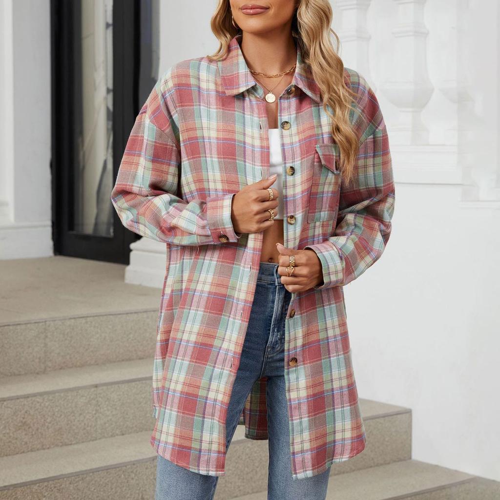 Modische, weit karierte Hemdjacke für Damen mit langen Ärmeln und losen Knöpfen