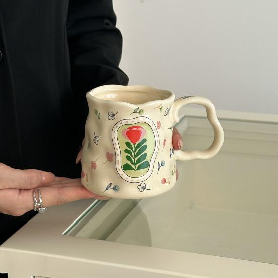 Ceramic Coffee Mug with Ergonomic Handle Irregular Floral Pattern Mug Dishwasher Safe Novelty Cup for Coffee Tea Milk