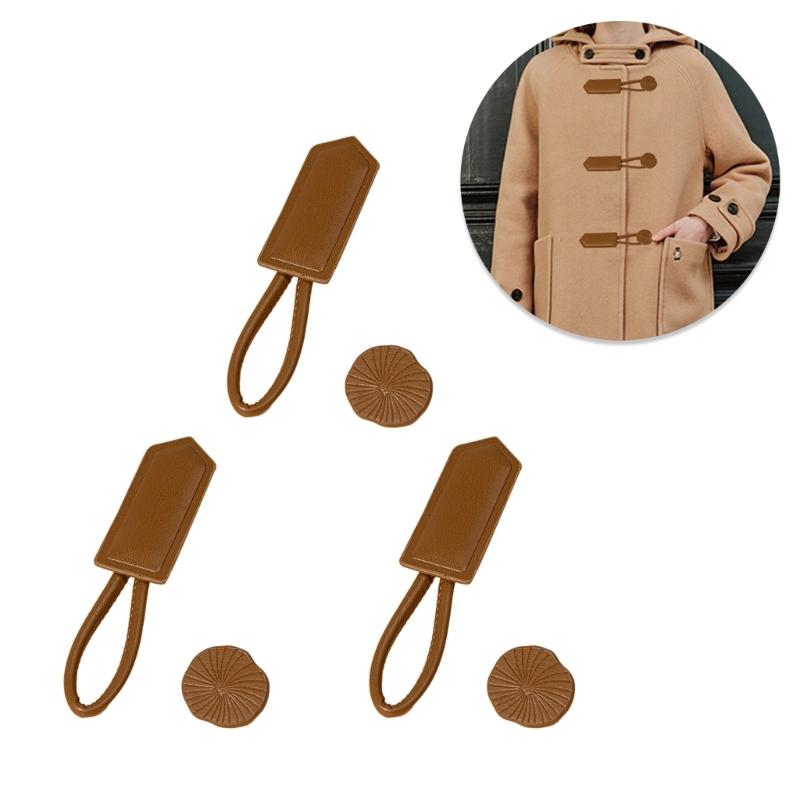 3pack PU Leather Horn Buckles Toggle Button Fasteners Handmade Sewing Buttons for Modern Clothing Enhancements