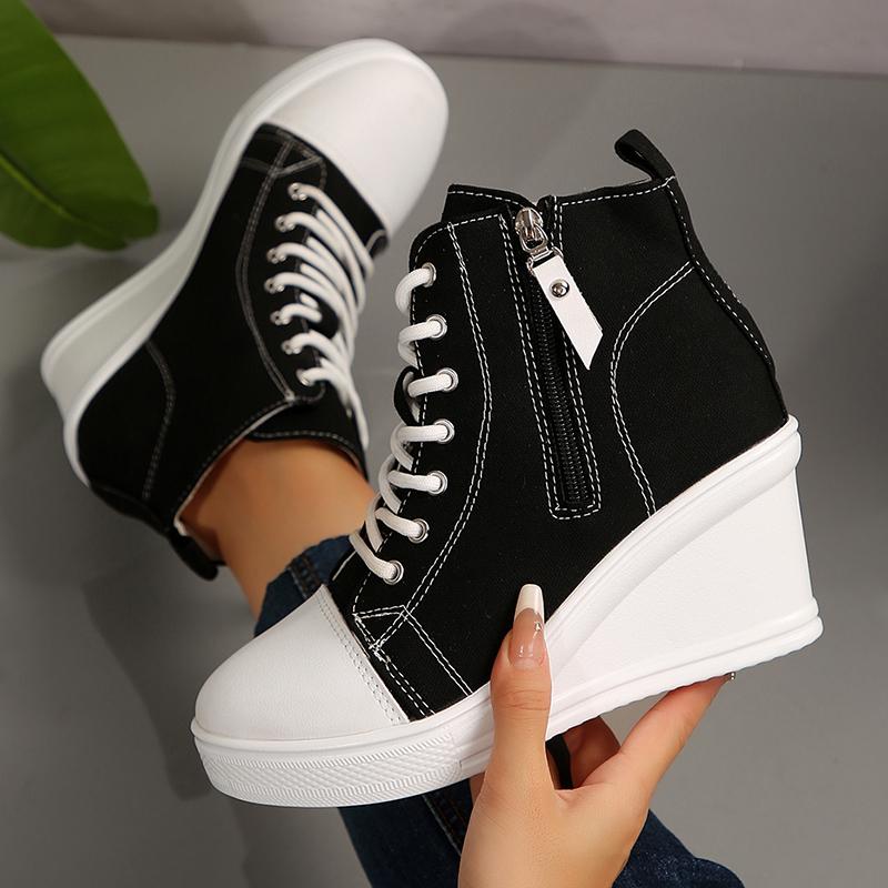 Fashion Lightweight Wedge Sneakers for Women Fashion Platform High Top Canvas Shoes Woman Zipper Lace Up Casual Walking Shoes Plus Size