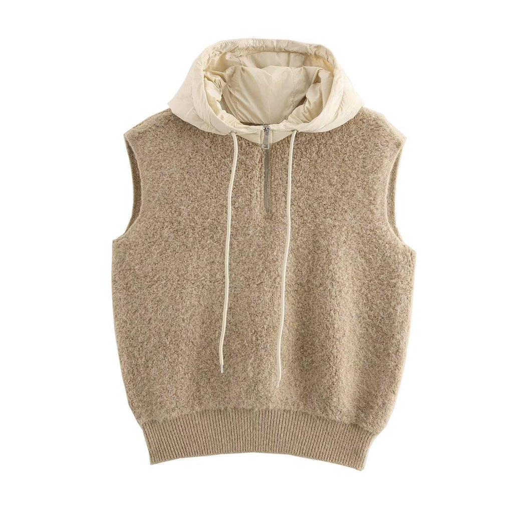2024 Autumn Women's Casual Knit Half-Zip Hooded Vest
