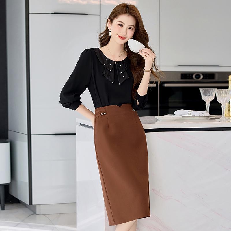 Spring 2025 Women's Fashionable Two-Piece Suit: Temperament Shirt & Midi Skirt (HR968-8)