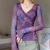 French Romantic Purple V-Neck Pleated Waist Retro Top with Long Sleeves