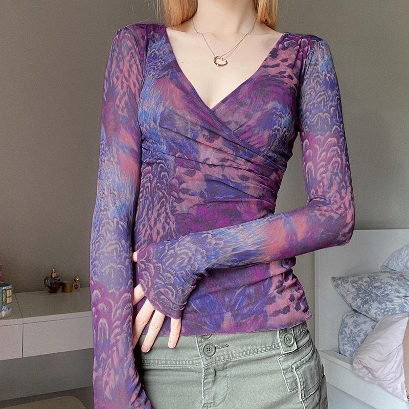 French Romantic Purple V-Neck Pleated Waist Retro Top with Long Sleeves