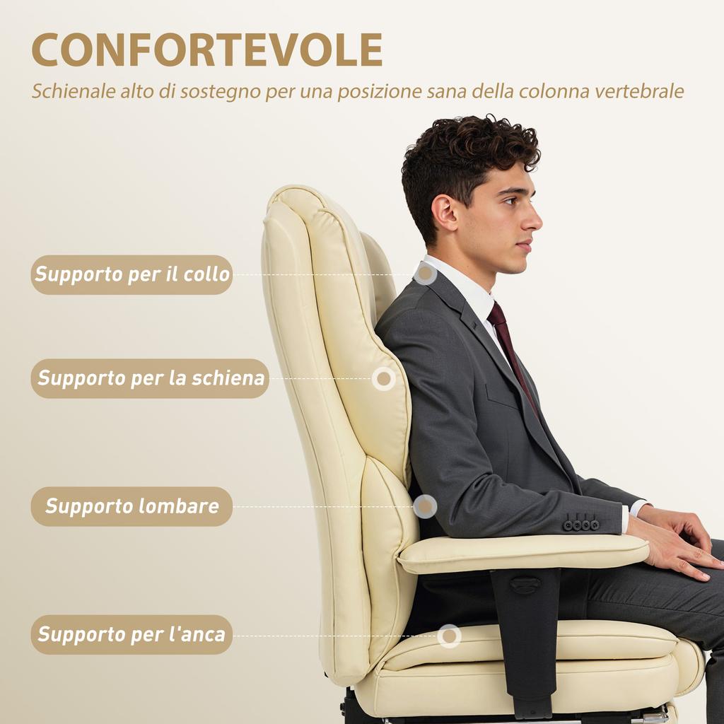 Office Chair with Footrest and Headrest, In PU Leather, Foam and Metal, 76x73x117-125 Cm, Cream White