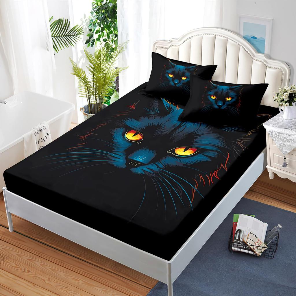 Animal Black Cat Pattern Bed Hat Three-Piece Digital Printing Bedding Bed Hat Three-Piece Set Children And Adults